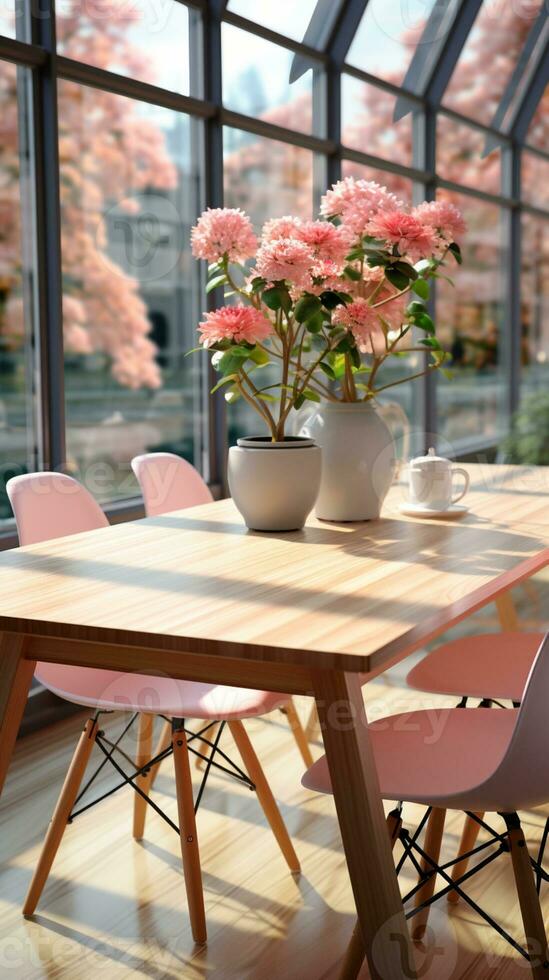 AI generated Dining wooden table and window room aesthetic modern interior photo