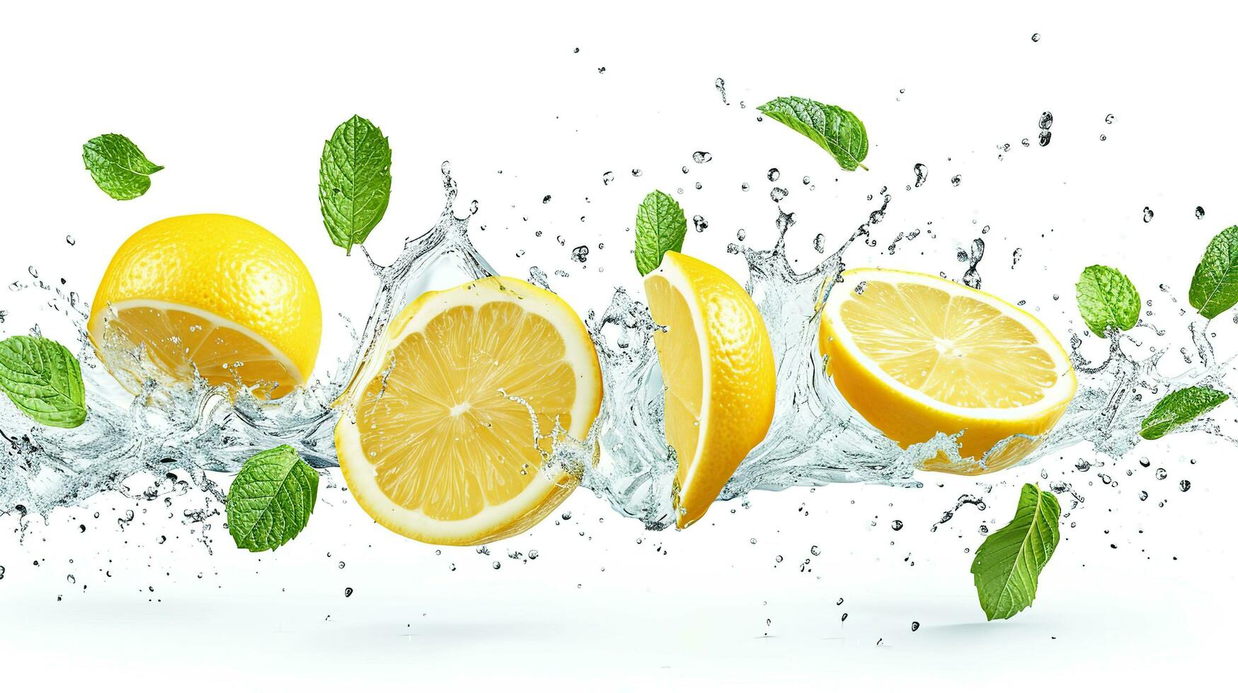 AI generated Fresh lemon and mint falling into water with splash, isolated on white background. photo