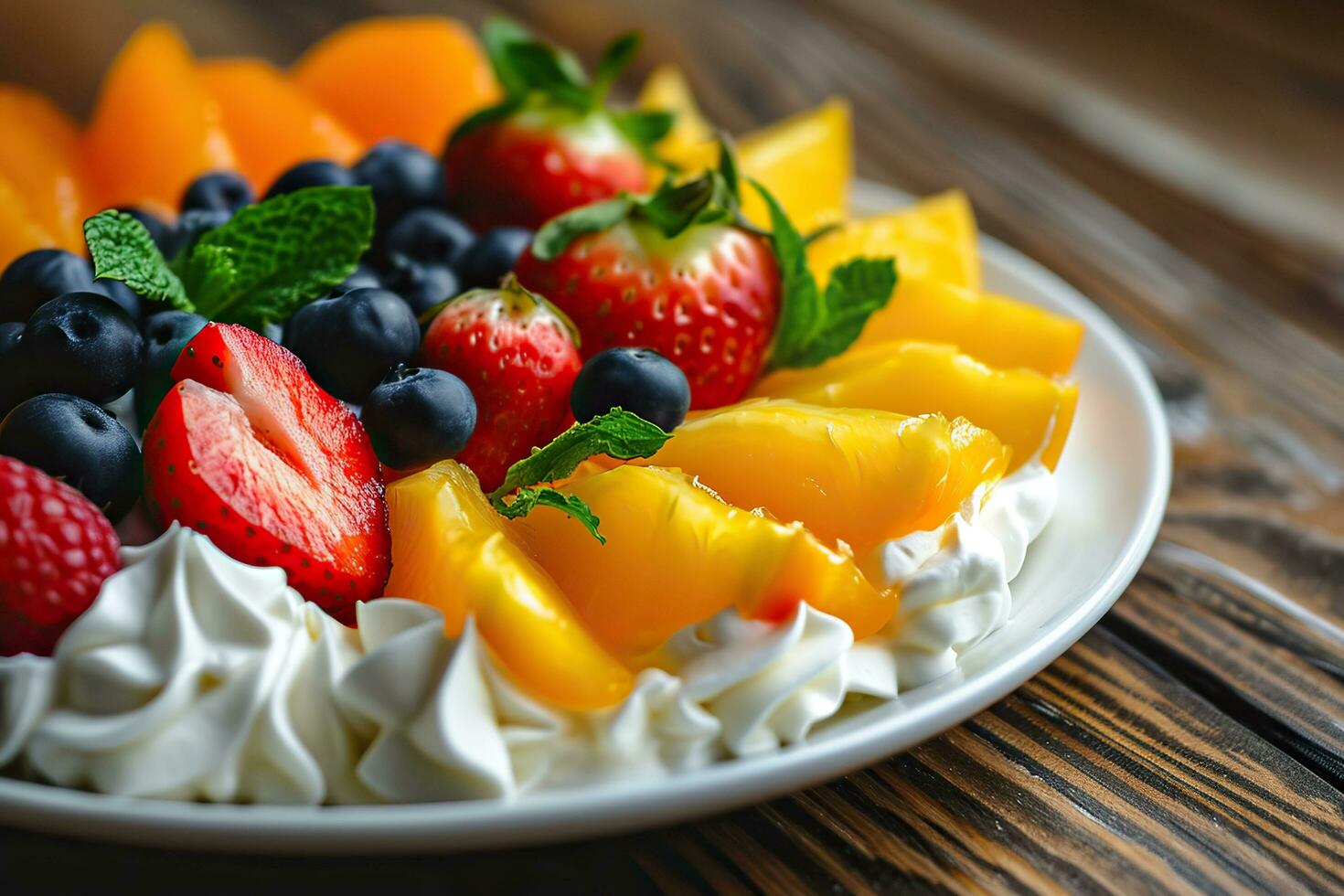 AI generated Fruit salad with whipped cream and fresh berries on a wooden table. photo