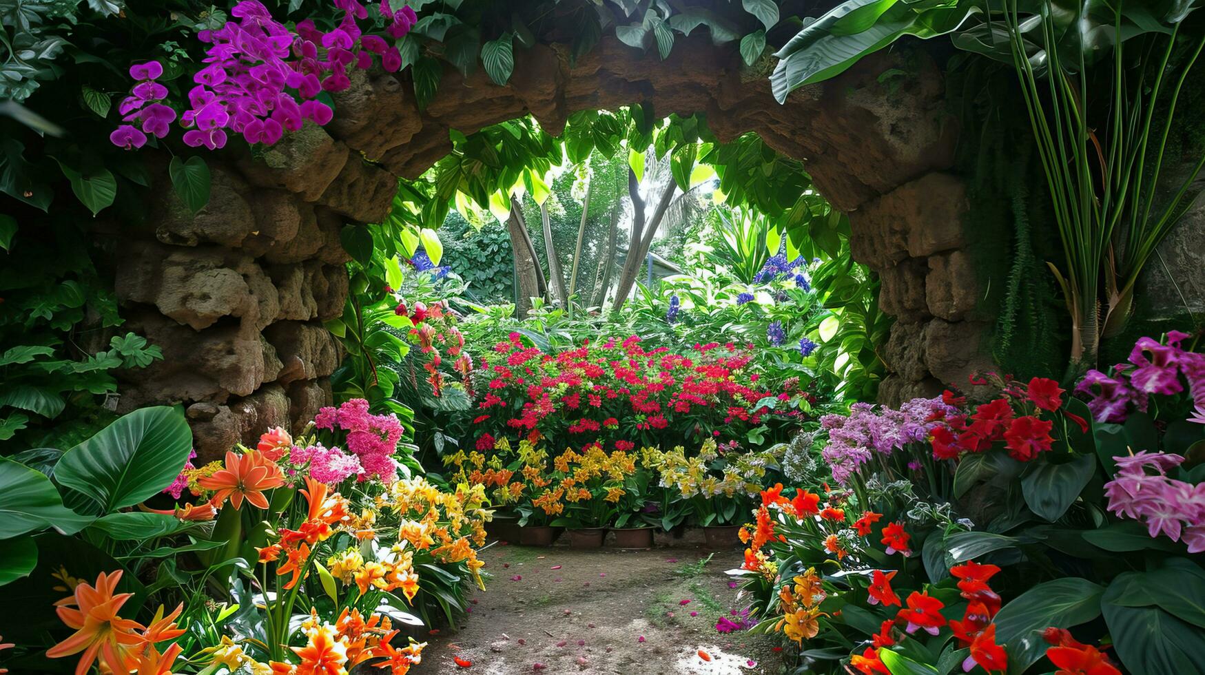 AI generated A grotto with colorful flower decorations. photo