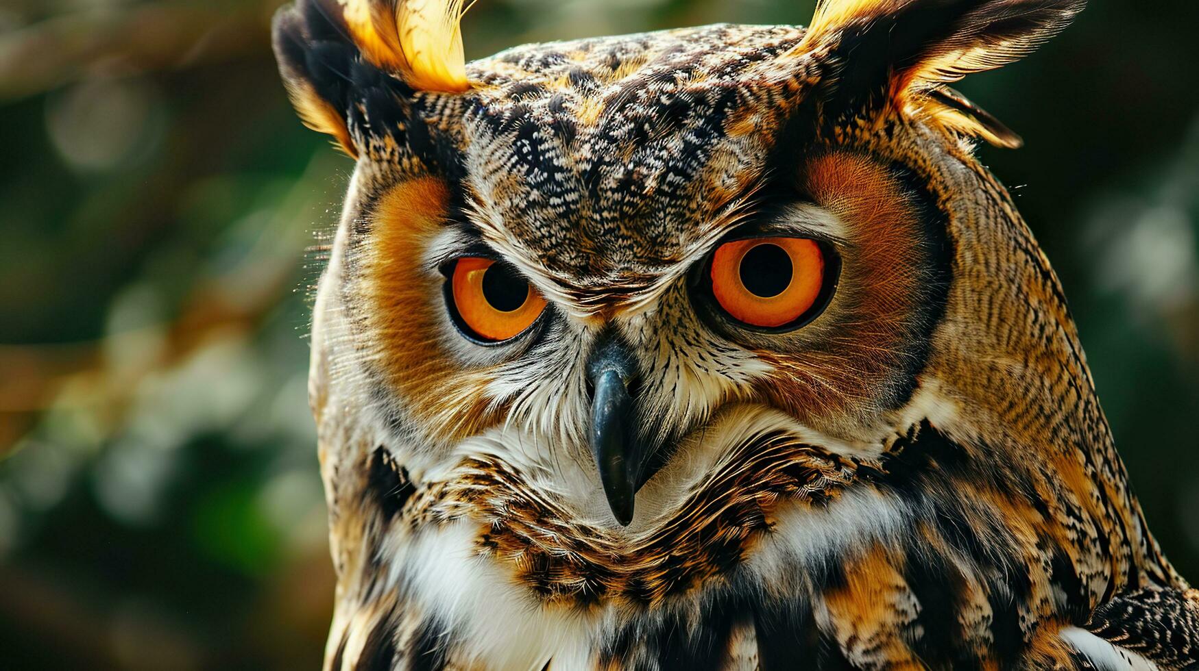 AI generated Portrait of an owl with big orange eyes, close-up. photo