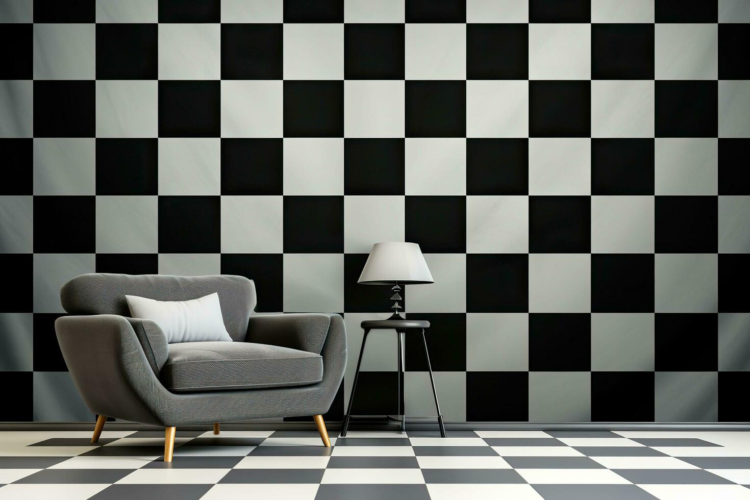 AI generated Living room interior with black and white checkered wall. photo