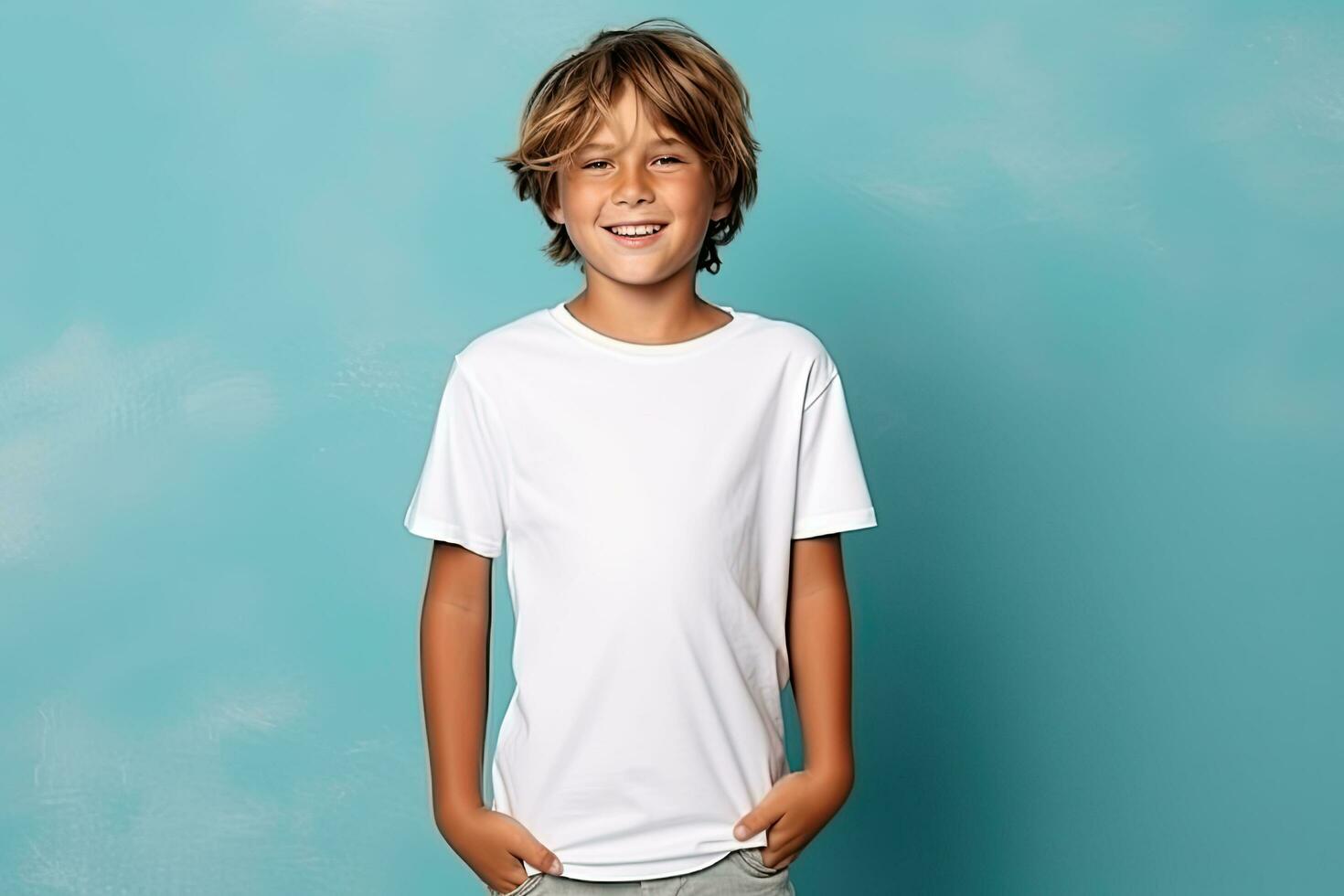 AI generated Boy in white t-shirt on blue background. T-shirt mockup. photo