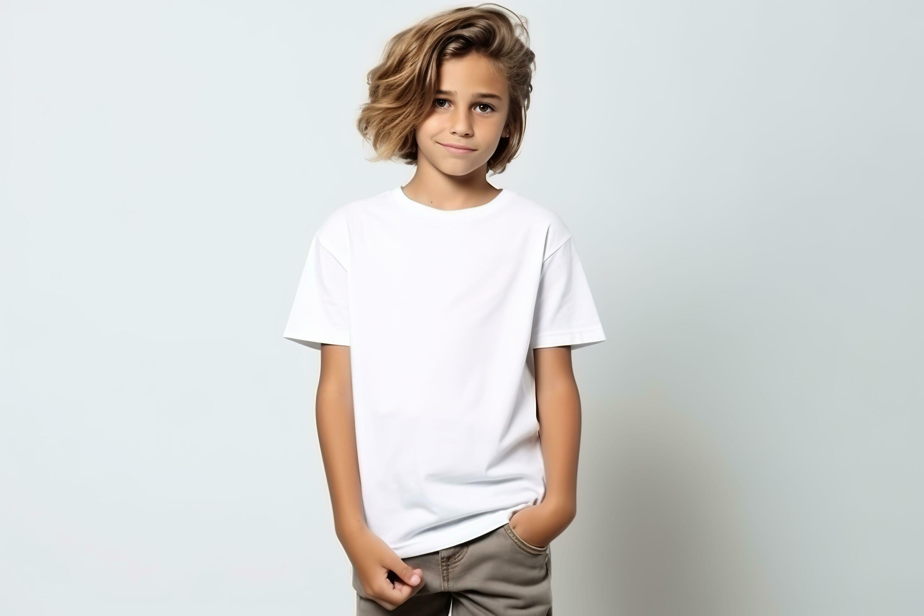 AI generated Teenage boy in white t-shirt on white background. T-shirt ...