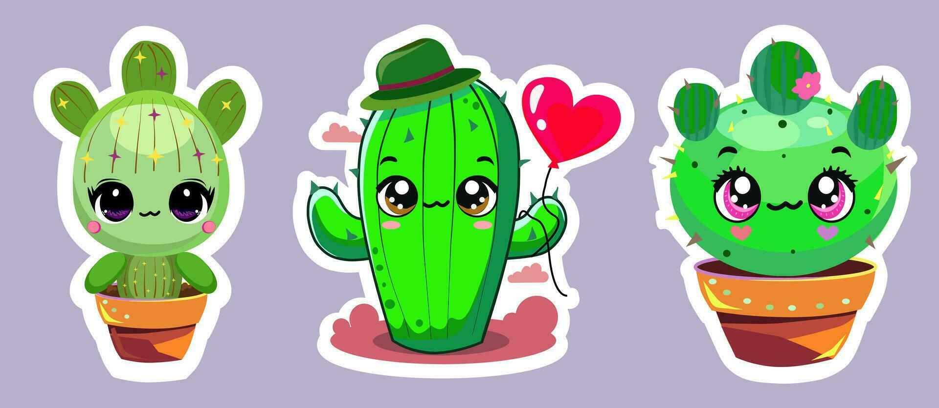 set stickers   kawaii cactus, cacti green vector