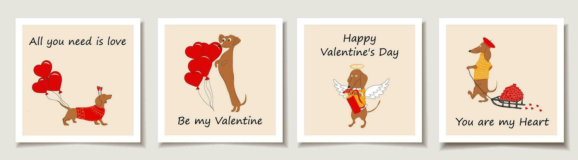 conjunto de San Valentín día tarjetas con perros salchicha perros tira un corazones. amar, San Valentín día vector