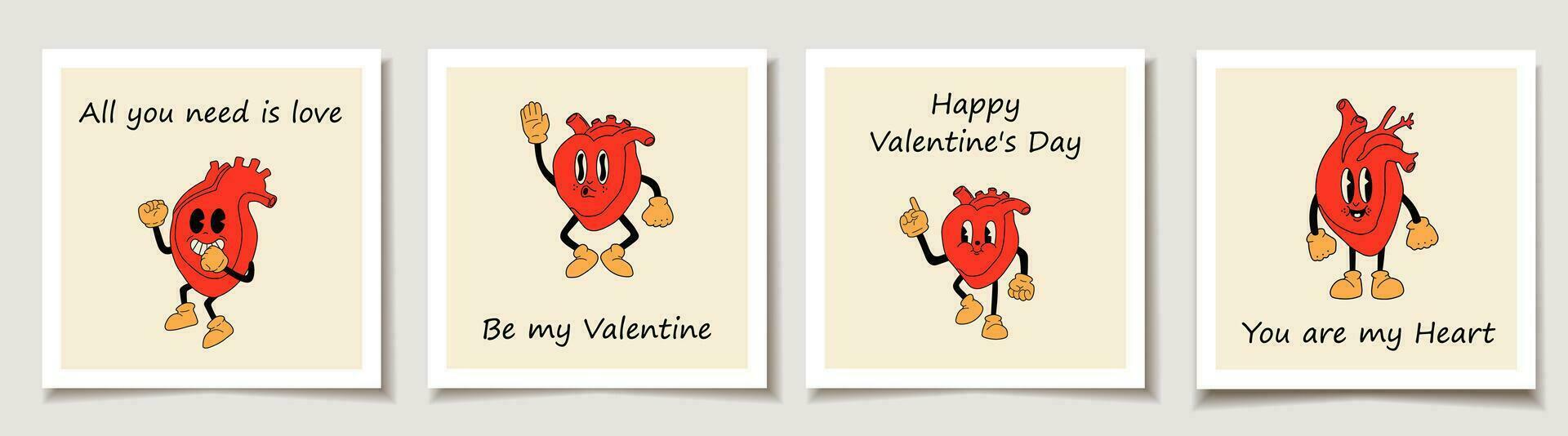 Set of Valentine's day cards with  Red hearts cute mascots with happy face in retro comic style. Love, Valentine's Day vector