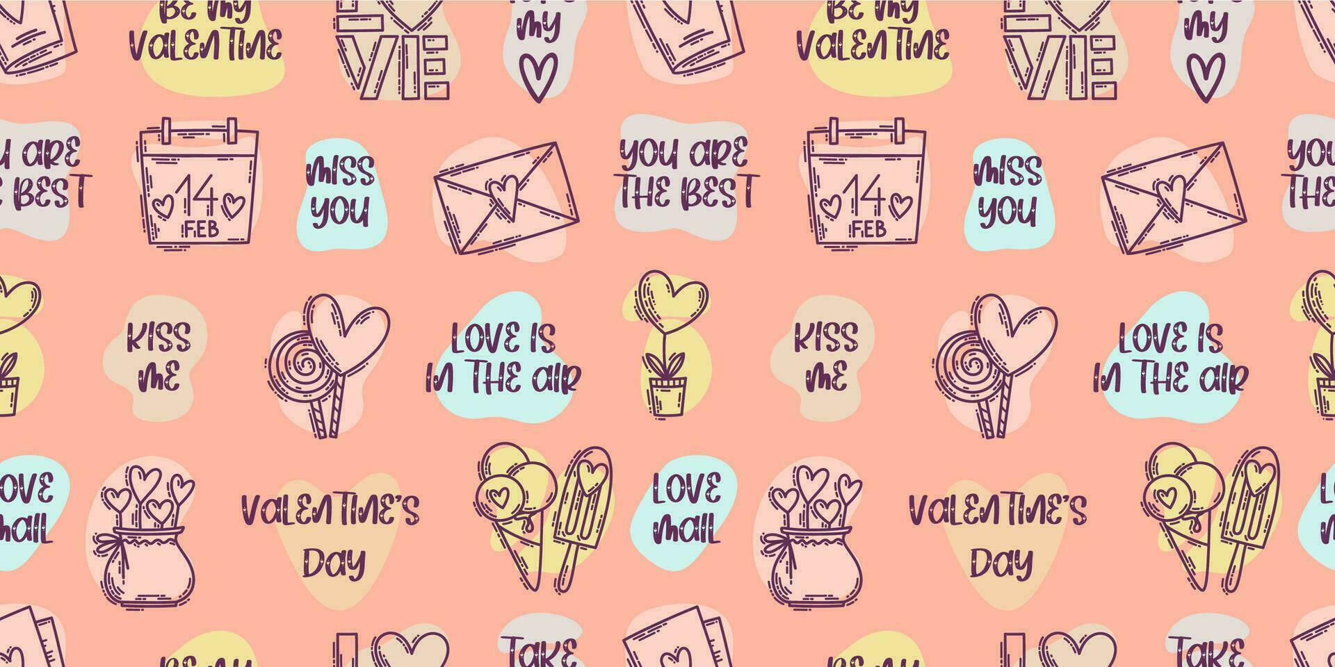 The love theme doodle style seamless pattern, Valentines Day hand-drawn color icons with a simple engraving retro effect. Romantic mood, cute symbols and elements backgrounds collection. vector