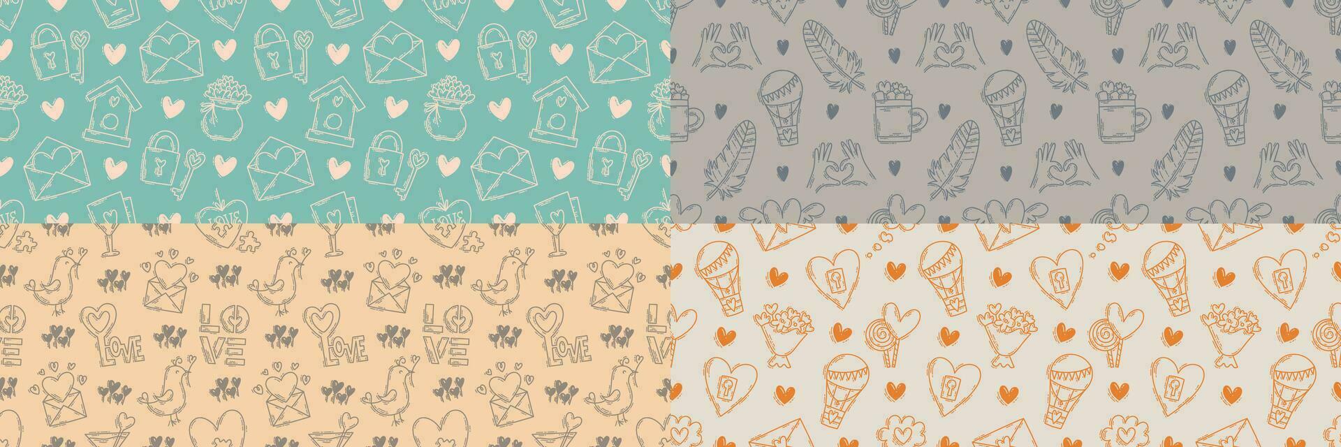 The love theme doodle style color seamless pattern, Valentines Day hand-drawn icons with a simple engraving retro effect. Romantic mood, cute symbols and elements backgrounds collection. vector