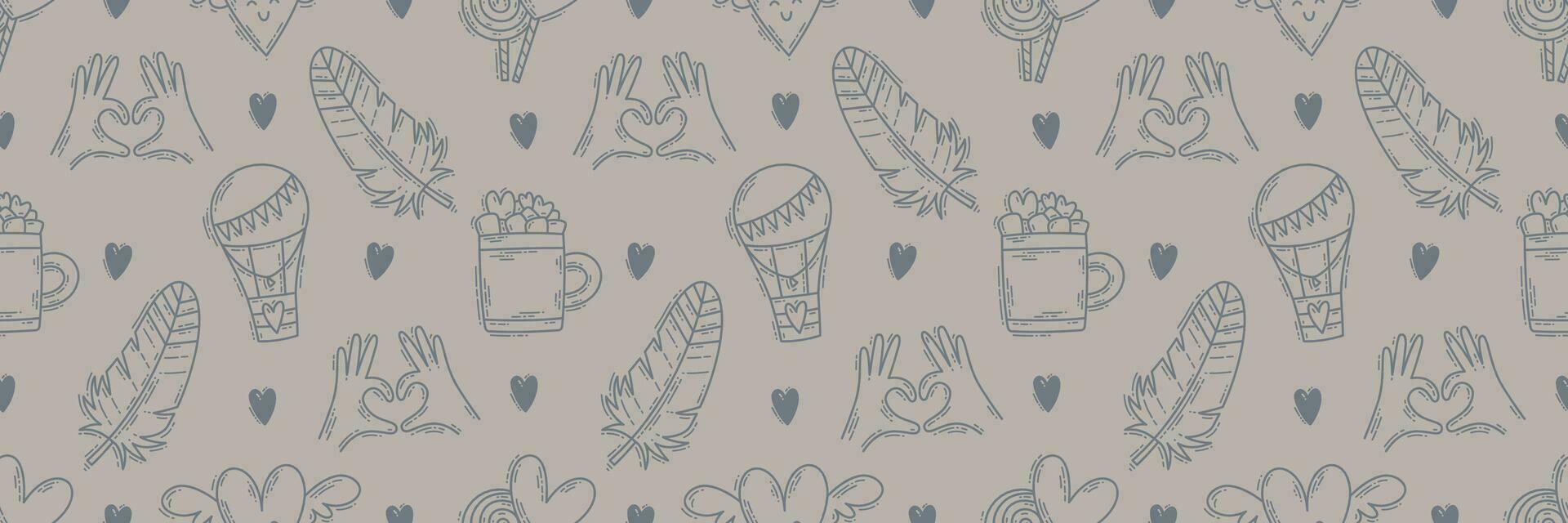 The love theme doodle style seamless pattern, Valentines Day hand-drawn color icons with a simple engraving retro effect. Romantic mood, cute symbols and elements backgrounds collection. vector
