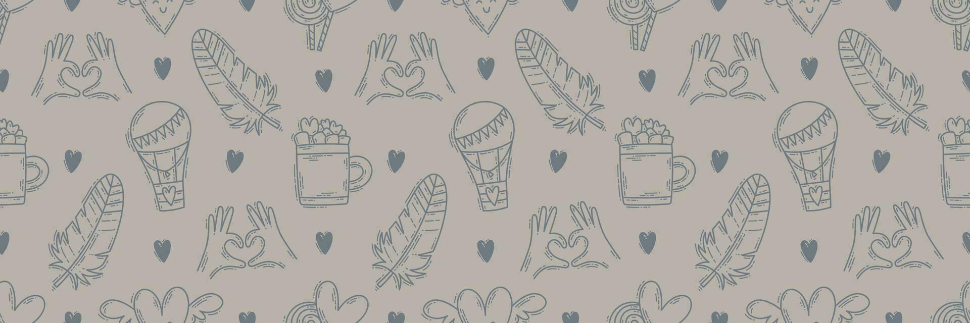 The love theme doodle style seamless pattern, Valentines Day hand-drawn color icons with a simple engraving retro effect. Romantic mood, cute symbols and elements backgrounds collection. vector