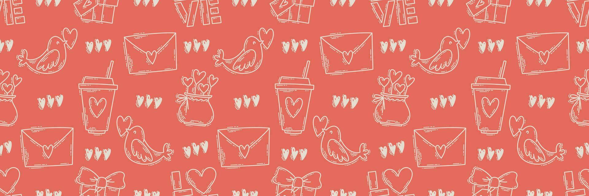 The love theme doodle style seamless pattern, Valentines Day hand-drawn color icons with a simple engraving retro effect. Romantic mood, cute symbols and elements backgrounds collection. vector