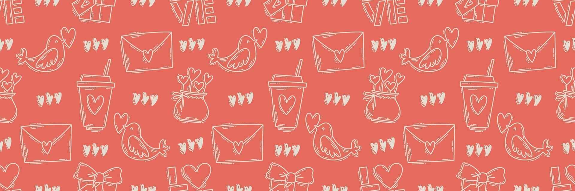 The love theme doodle style seamless pattern, Valentines Day hand-drawn color icons with a simple engraving retro effect. Romantic mood, cute symbols and elements backgrounds collection. vector