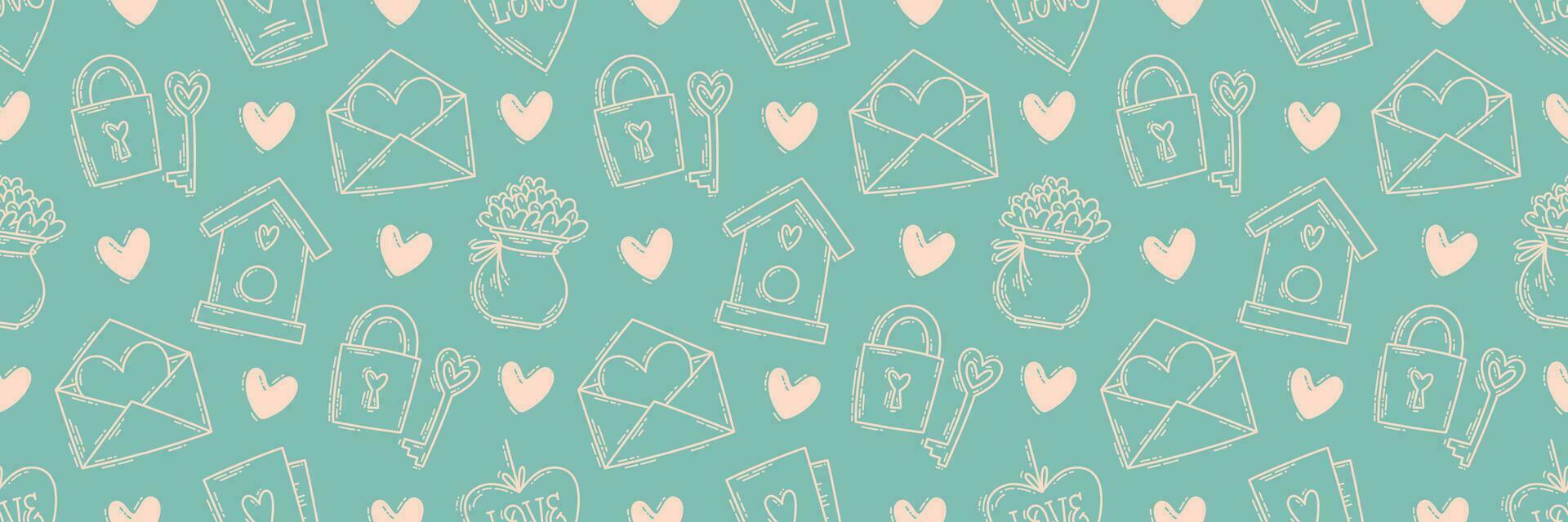 The love theme doodle style seamless pattern, Valentines Day hand-drawn color icons with a simple engraving retro effect. Romantic mood, cute symbols and elements backgrounds collection. vector