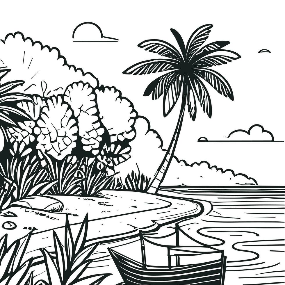 Coloring book simple sketches for children, illustrations of natural views on the beach, there are fishing boats, coconut trees and mangrove trees vector