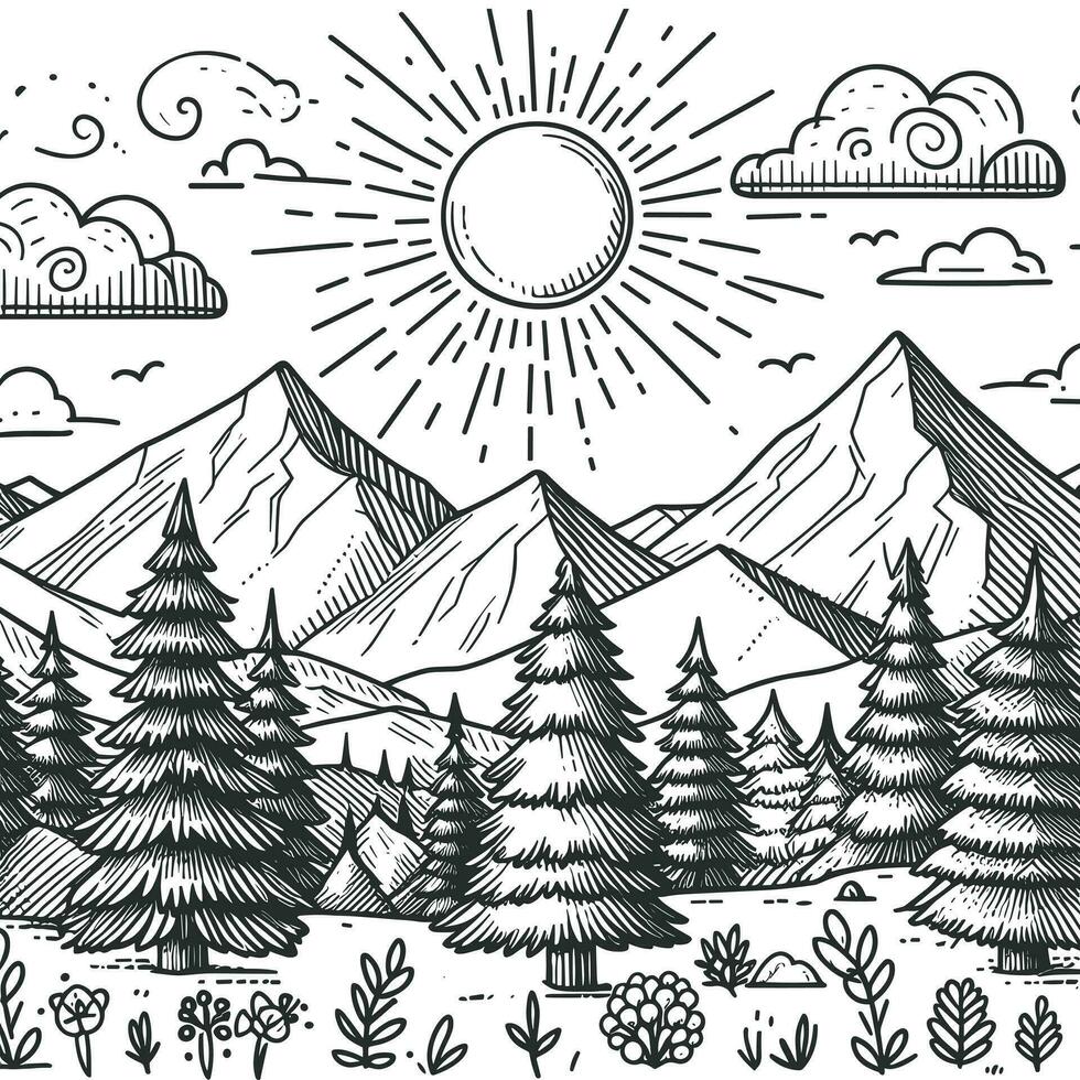 Simple sketch coloring book for children, illustrations of natural landscapes, with mountains and the sun, there are pine trees too vector