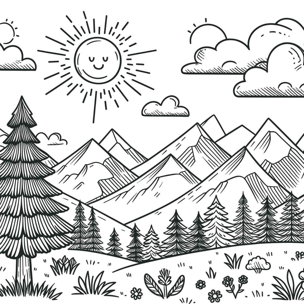 sencillo bosquejo colorante libro para niños, ilustraciones de natural paisajes, con montañas y el sol, allí son pino arboles también vector