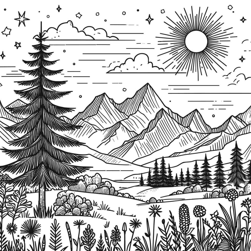 Simple sketch coloring book for children, illustrations of natural landscapes, with mountains and the sun, there are pine trees too vector