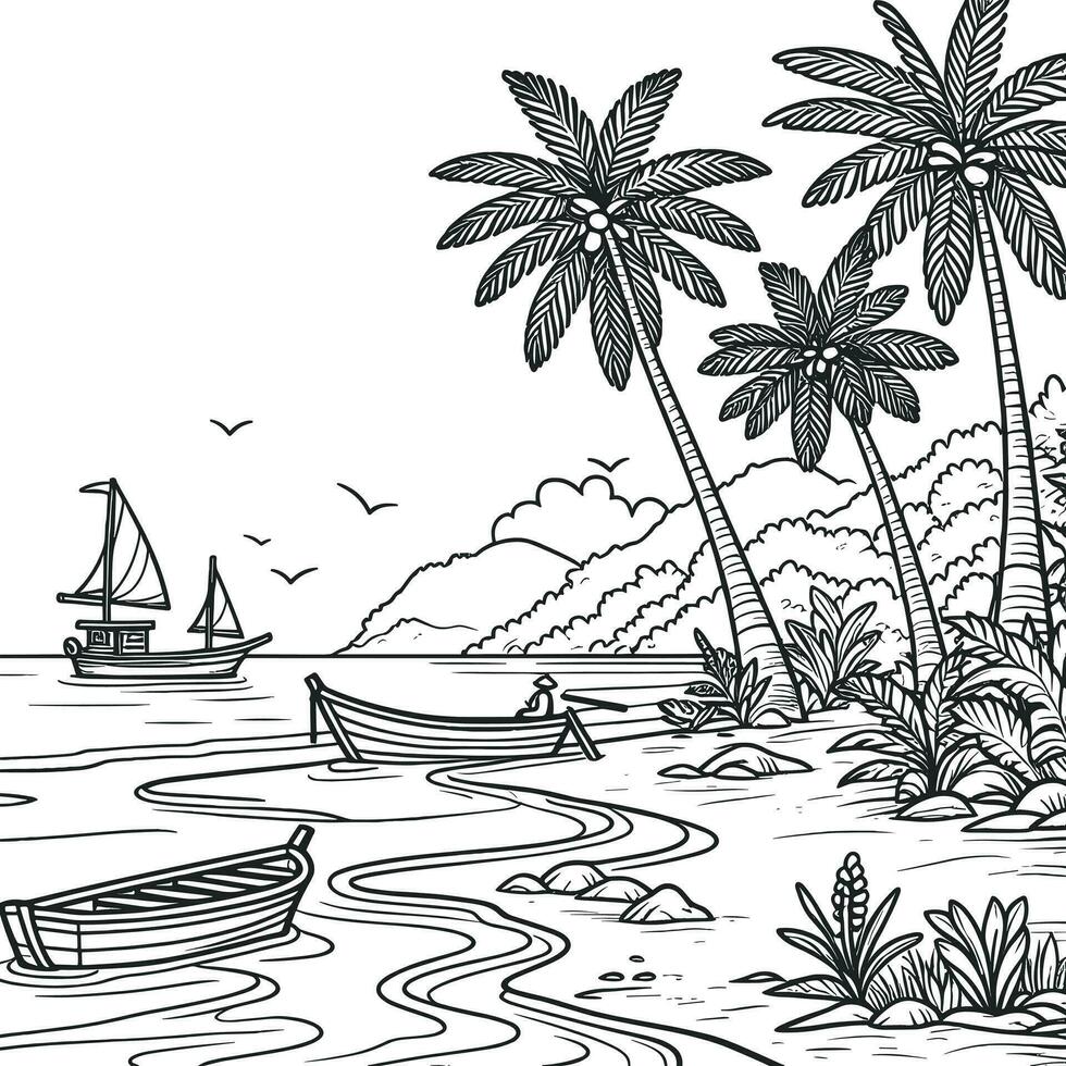Coloring book simple sketches for children, illustrations of natural views on the beach, there are fishing boats, coconut trees and mangrove trees vector