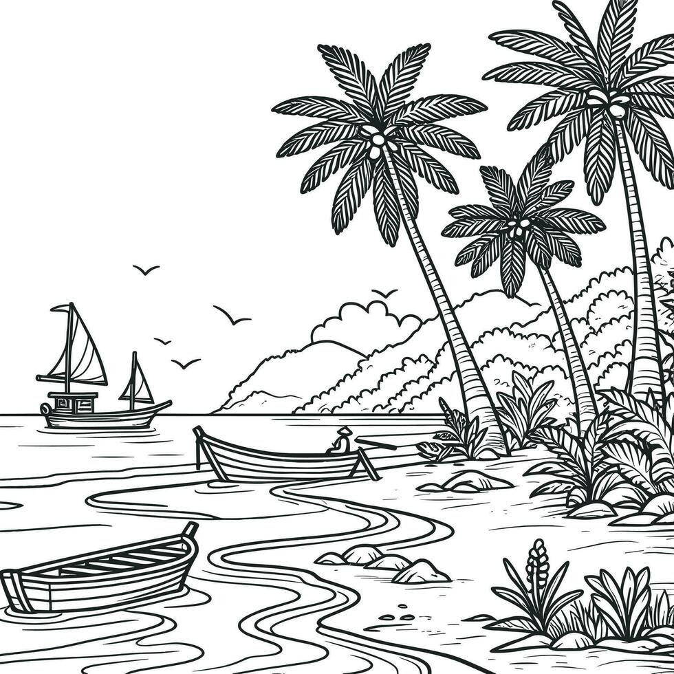 colorante libro sencillo bocetos para niños, ilustraciones de natural puntos de vista en el playa, allí son pescar barcos, Coco arboles y mangle arboles vector