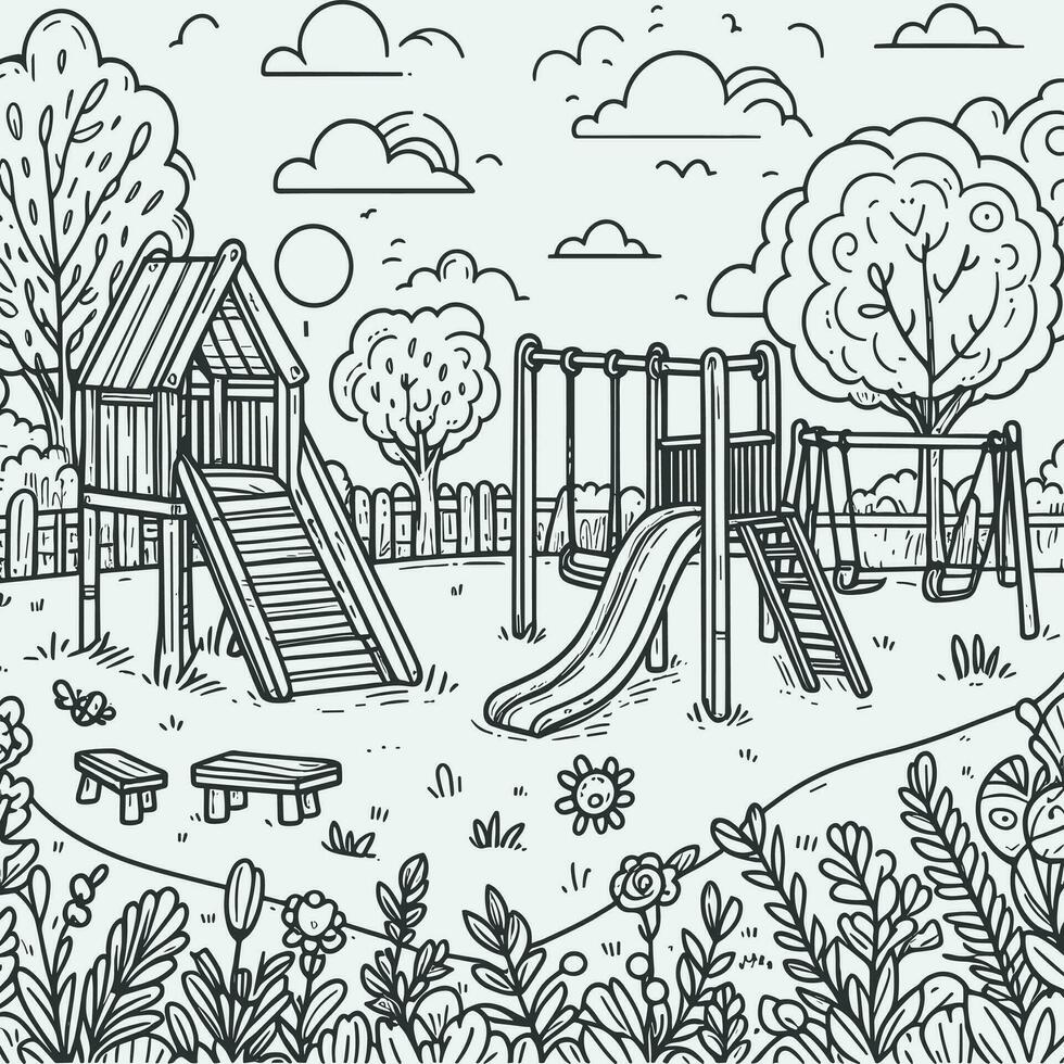 colorante libro sencillo bocetos para niños, ilustraciones de natural paisaje en el formar de un niños patio de juegos, allí son diapositivas, columpios y balancines vector