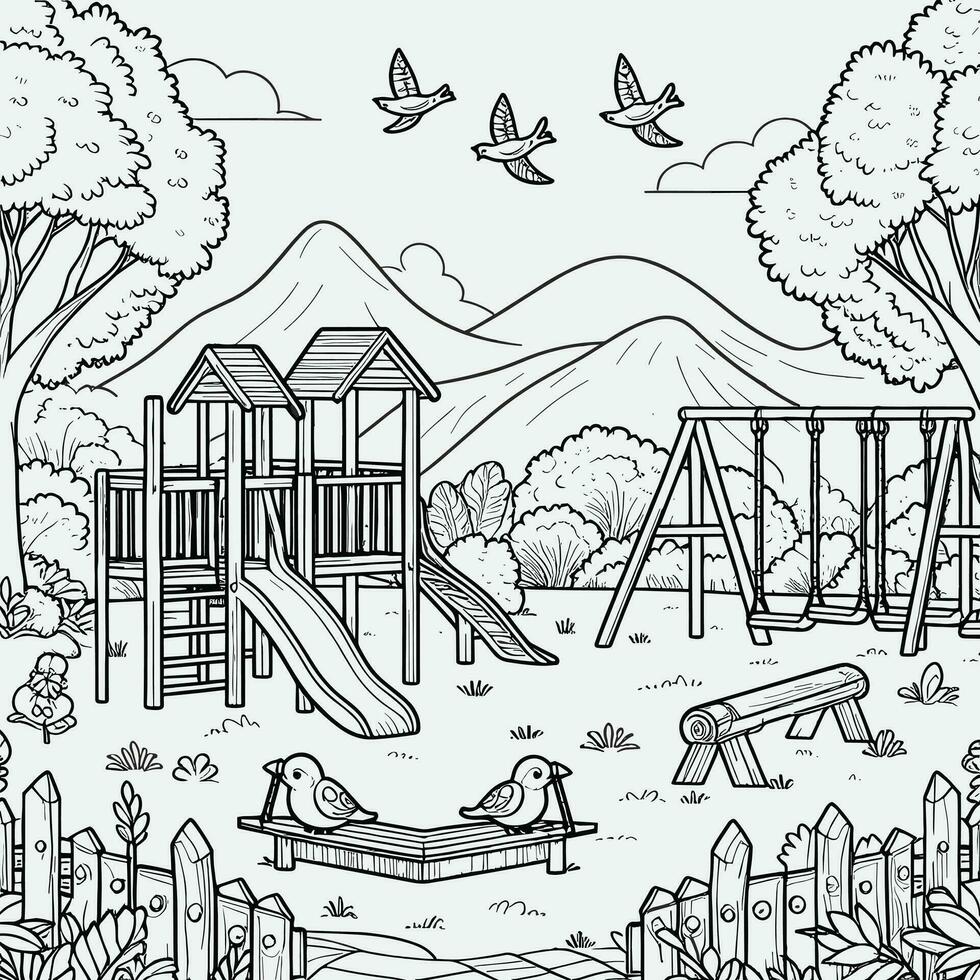 colorante libro sencillo bocetos para niños, ilustraciones de natural paisaje en el formar de un niños patio de juegos, allí son diapositivas, columpios y balancines vector