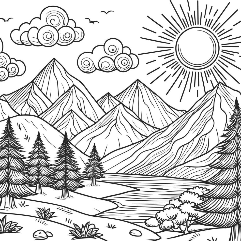 Simple sketch coloring book for children, illustrations of natural landscapes, with mountains and the sun, there are pine trees too vector