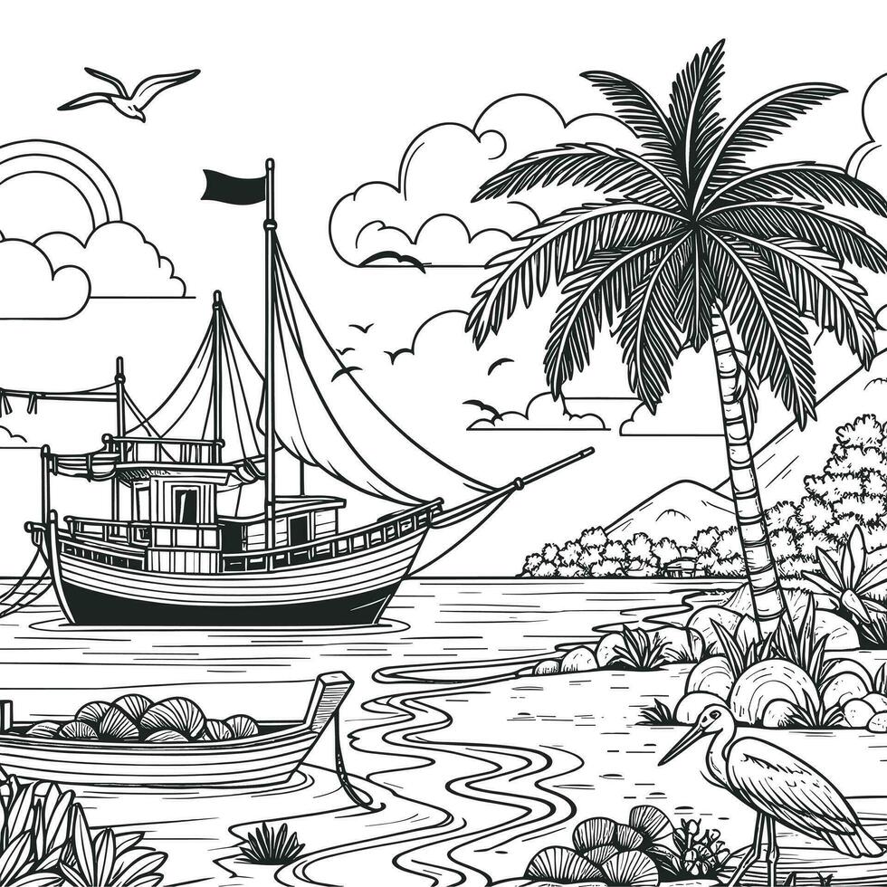 colorante libro sencillo bocetos para niños, ilustraciones de natural puntos de vista en el playa, allí son pescar barcos, Coco arboles y mangle arboles vector