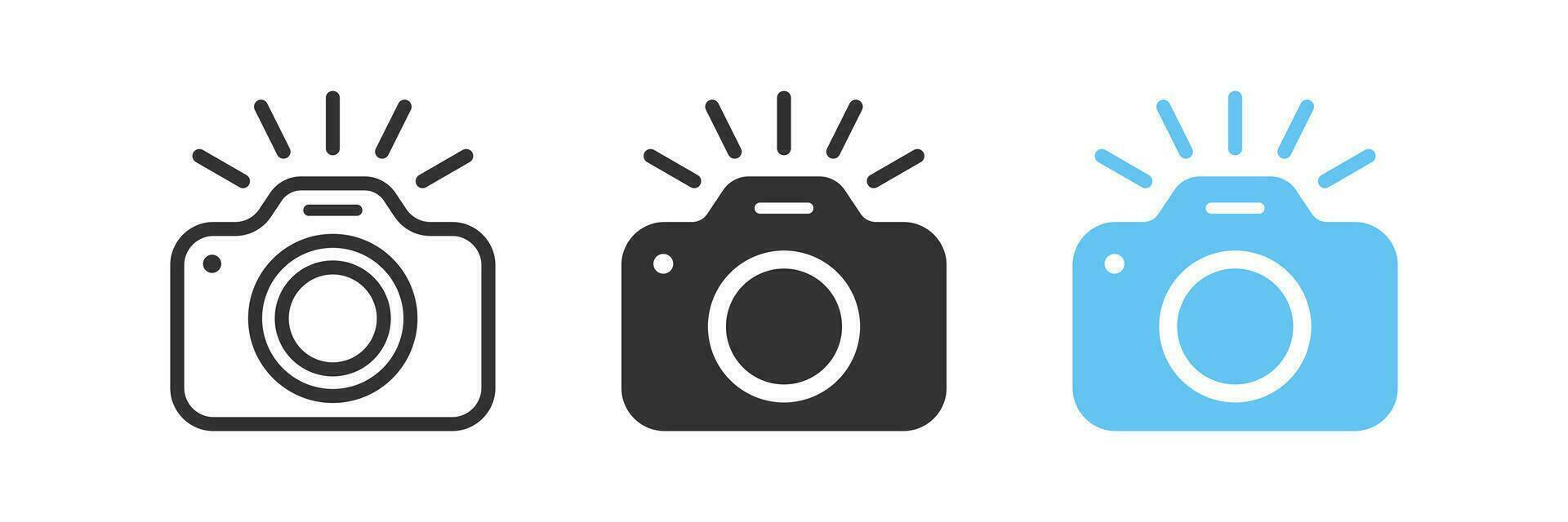 Take photo icon. Camera signs. Photography flash symbol. Phone picture symbols. Photocamera icons. Black, blue color. Vector isolated sign.