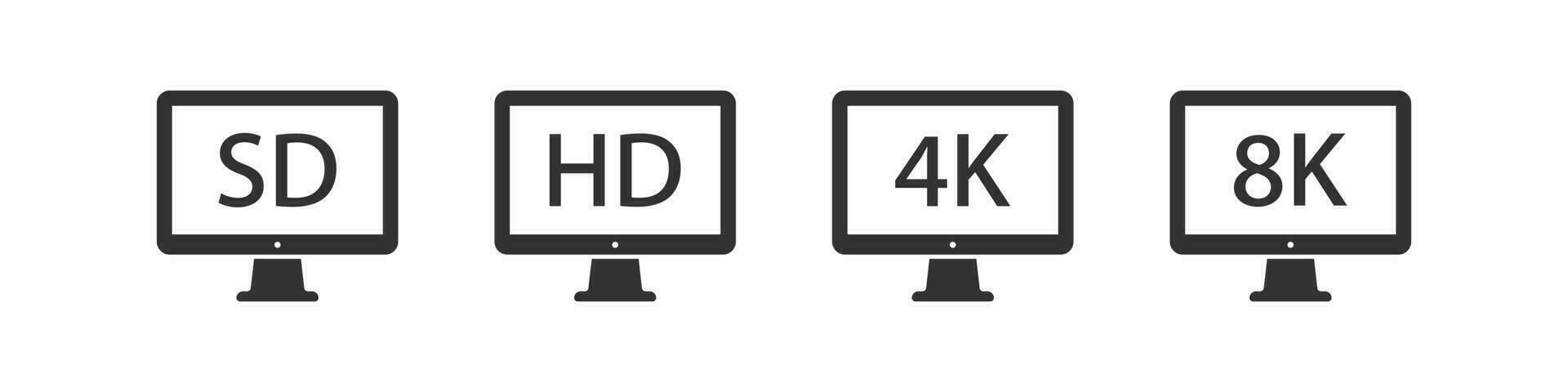 4k monitor icon. HD TV signs. Video in 8k symbol. High resolution screen symbols. 2k television icons. Black color. Vector sign.