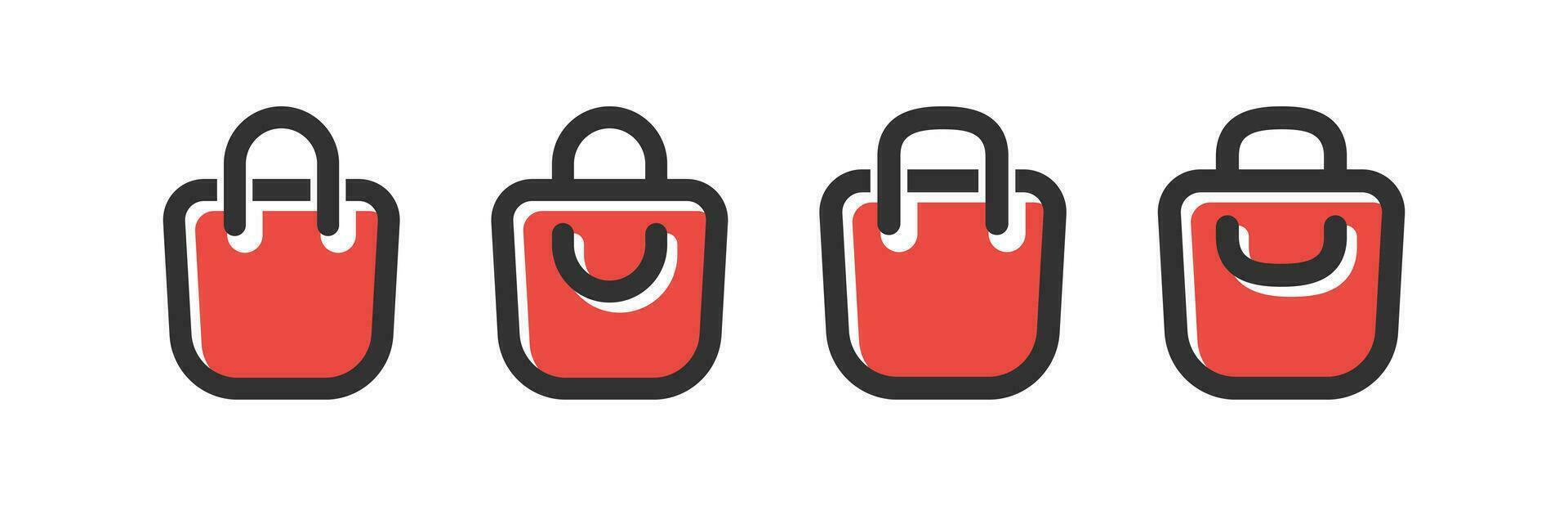 compras bolso icono. comprador símbolo. mercado mercancías señales. papel regalo simbolos eco paquete iconos negro, rojo color. vector signo.