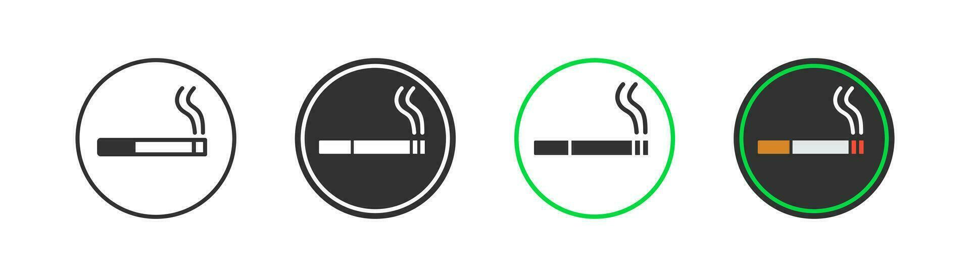 Smoke icon. Cigarette signs. Tobacco symbol. Smoking zone allowed symbols. Nicotine icons. Black, green color. Vector sign.
