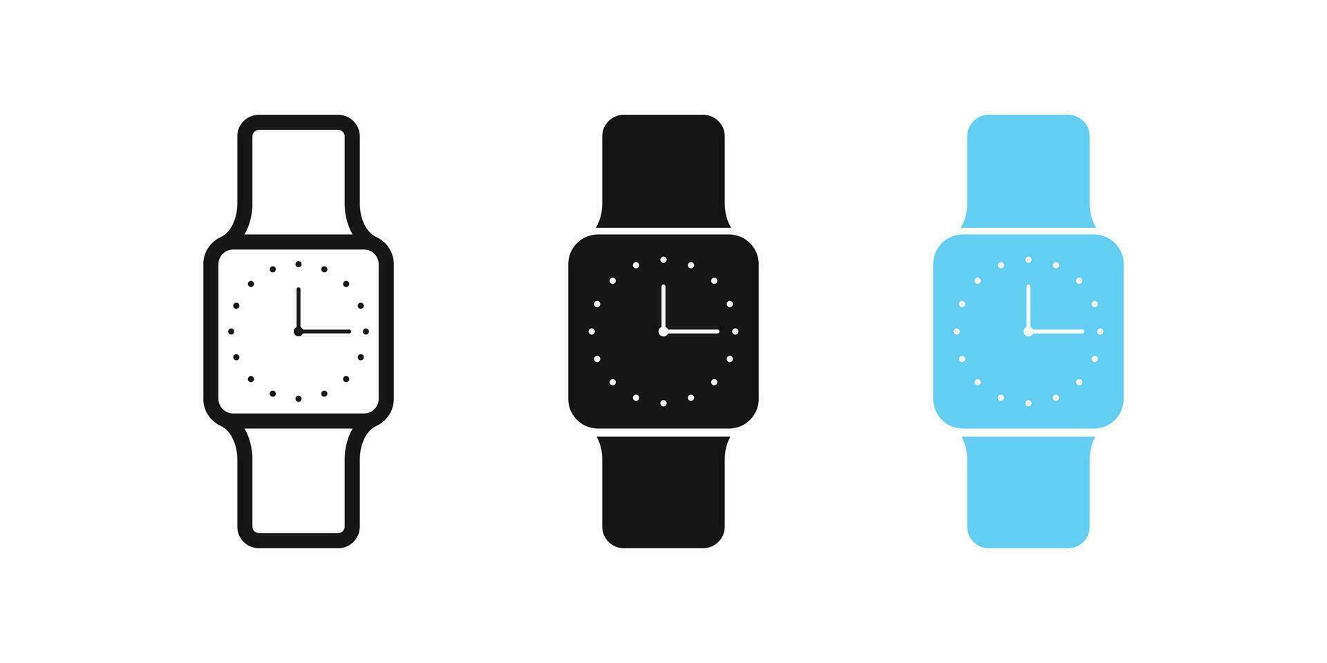 Smart watch icon. Clock symbol. Wristwatch signs. Wrist device symbols. Fitness technology icons. Black, blue color. Vector sign.