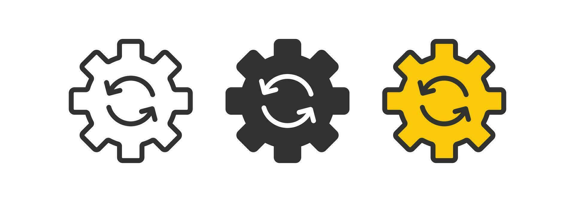 Gear reload icon. System update symbol. Cog refresh signs. Setting recovery symbols. Software repair icons. Black, yellow color. Vector sign.