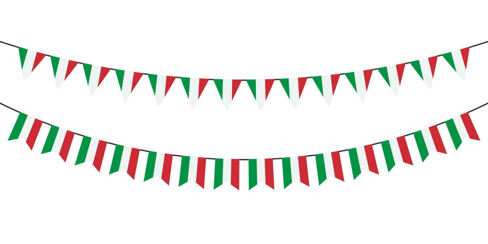 Flag garlands. Festive bunting. Triangle banners with the Italian flag. Birthday decoration. Background decor for celebration in Italy. Flat color. Vector sign.