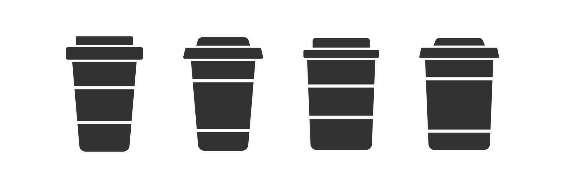 Paper cup of coffee icon. Takeaway cafe signs. Hot latte, cappuccino, tea symbol. Plastic mug symbols. Drink beverage energy in the morning icons. Black color. Vector isolated sign.