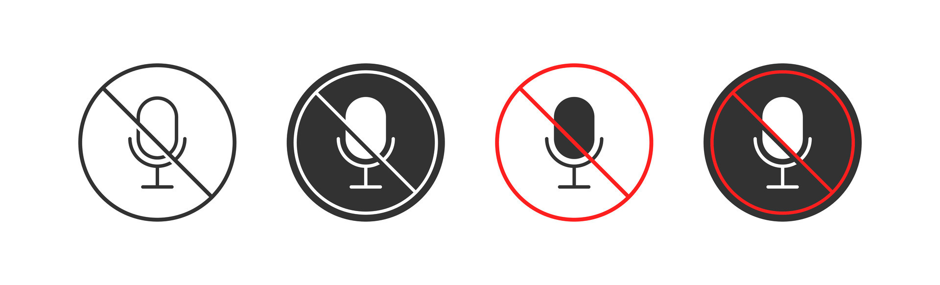 Mute mic icon. Muted microphone signs. Voice symbol. Audio record
