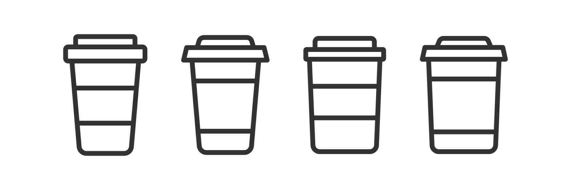 Paper cup of coffee icon. Takeaway cafe signs. Hot latte, cappuccino, tea symbol. Plastic mug symbols. Drink beverage energy in the morning icons. Black color. Vector isolated sign.