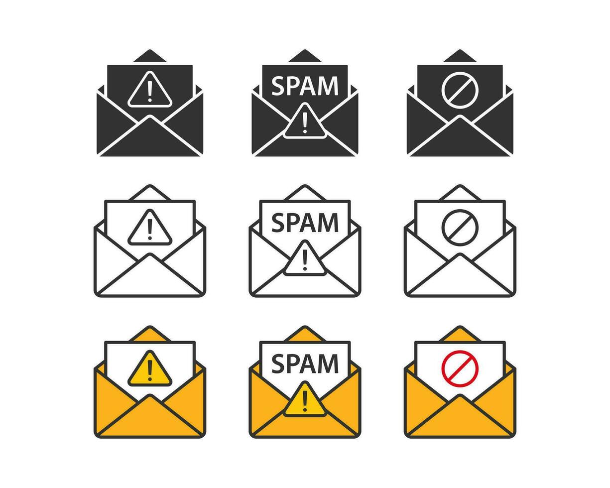 Spam email icon. Virus mail message symbol. Malware letter signs. Hacker protection symbols. Internet scam icons. Vector sign.