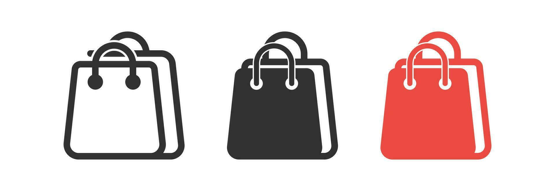 compras bolso icono. comprador símbolo. mercado mercancías señales. papel regalo simbolos eco paquete iconos negro, rojo color. vector signo.