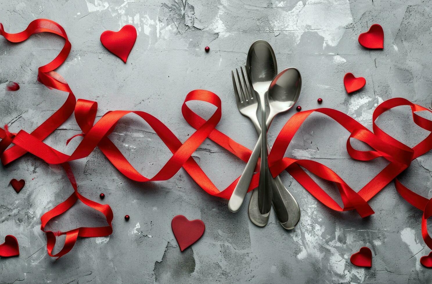 AI generated a fork and spoon surrounded by red ribbons and hearts photo