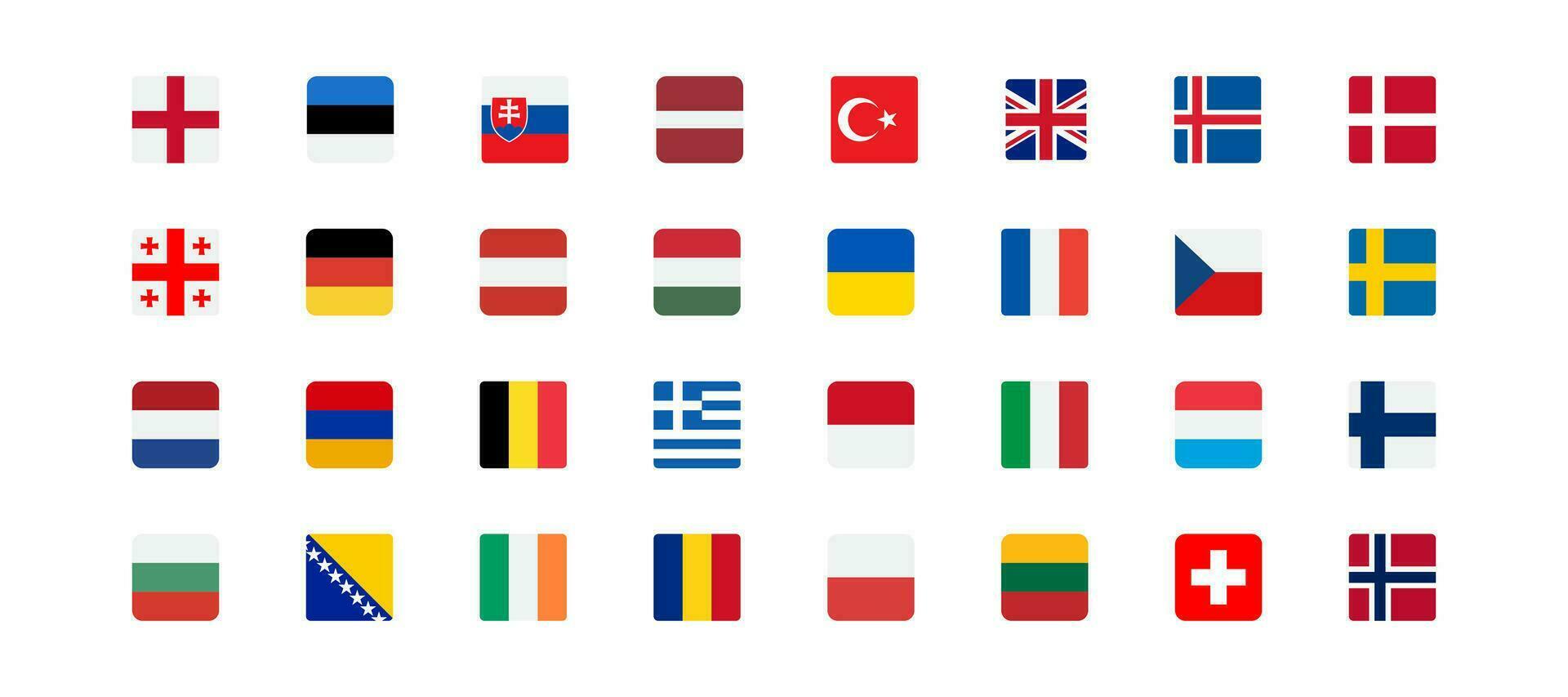 European flags icon. Europe countries set signs. Nation symbol. Banner of France, Germany, Austria, and other symbols. Square form icons. Vector isolated sign.