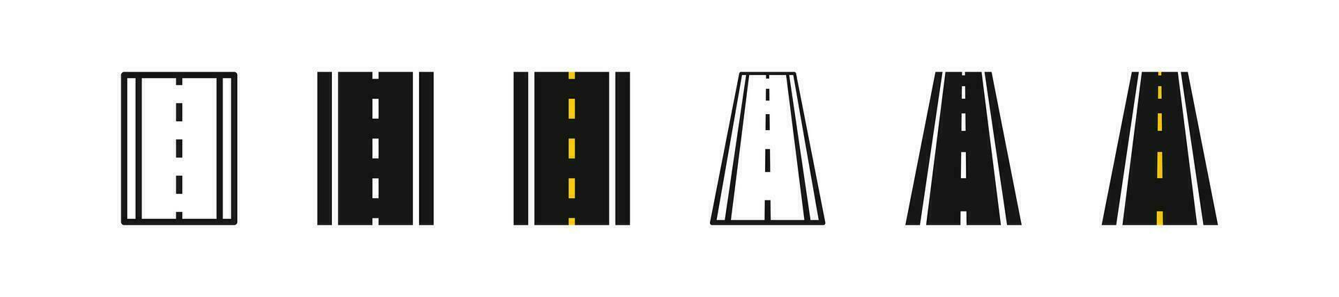 Road icon. Highway symbol. Asphalt street signs. Way symbols. Path icons. Black, flat color. Vector sign.