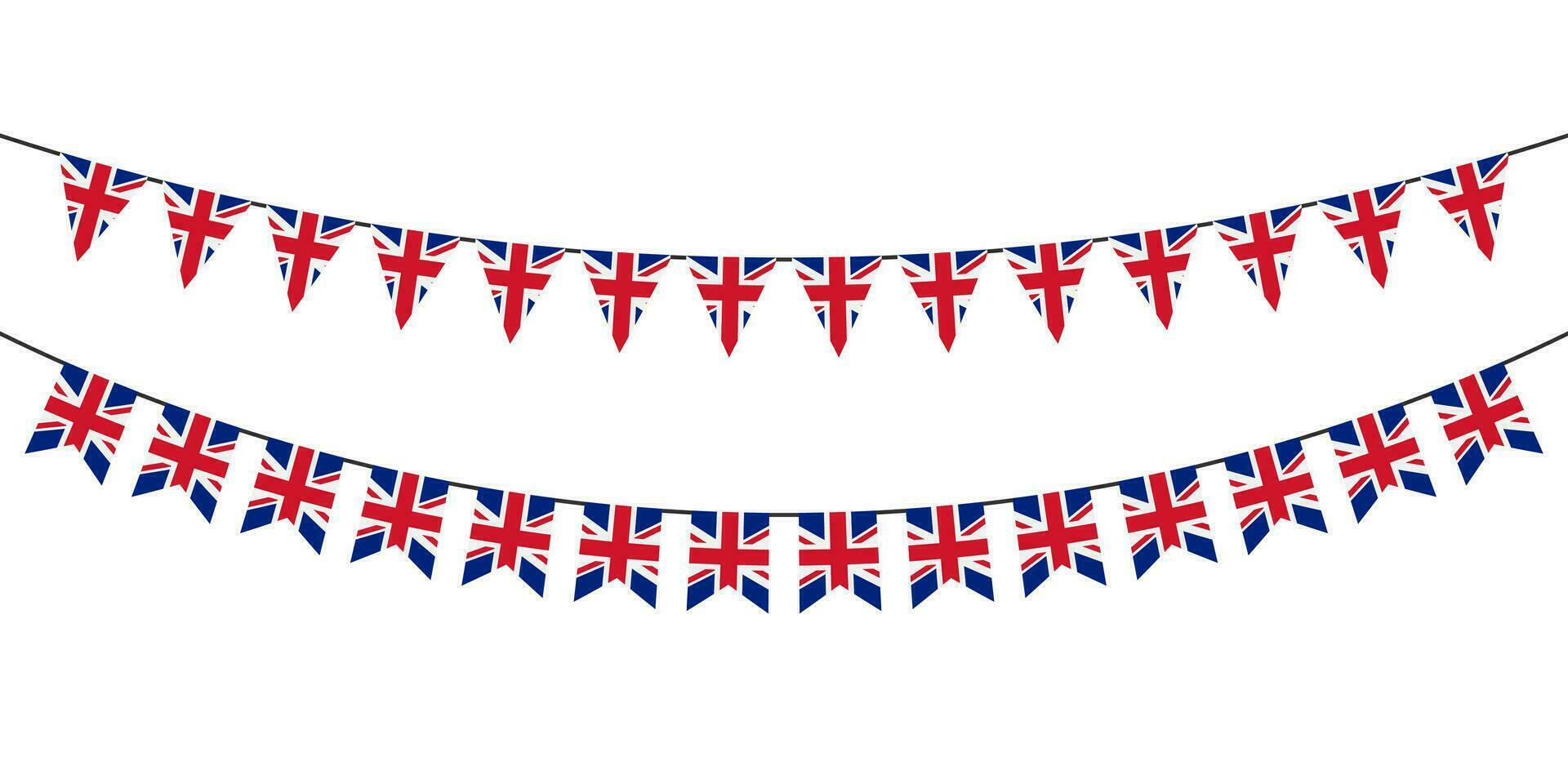 Flag garlands. Festive bunting. Triangle banners with the UK flag. Birthday decoration. Background decor for celebration in Britain. Flat color. Vector sign.