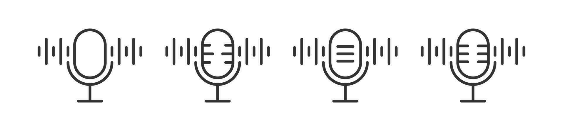 Mic icon. Microphone signs. Voice symbol. Audio record symbols. Radio, podcast, speech, broadcast, speaker icons. Black color. Vector sign.