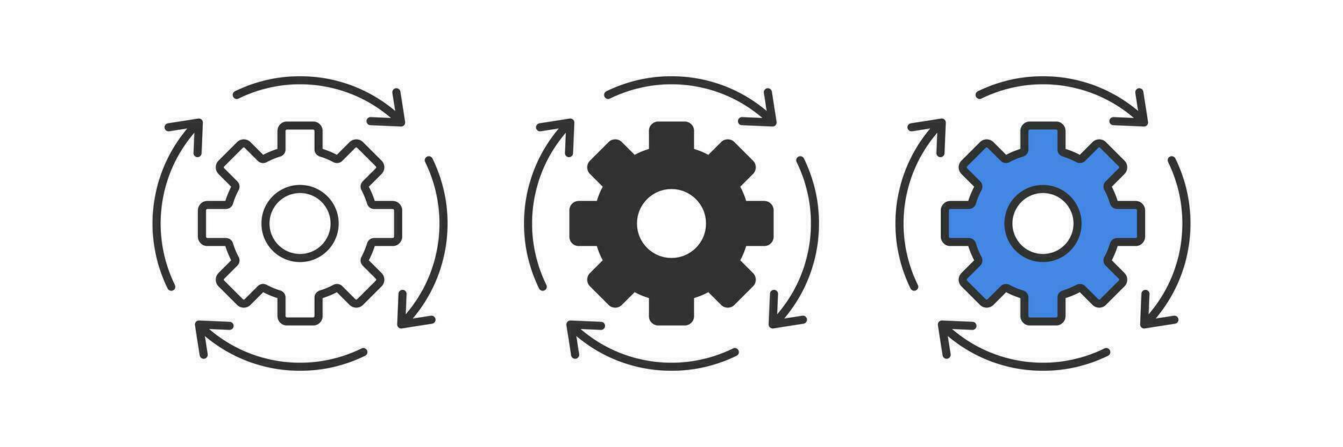 Gear reload icon. System update symbol. Cog refresh signs. Setting recovery symbols. Software repair icons. Black, blue color. Vector sign.