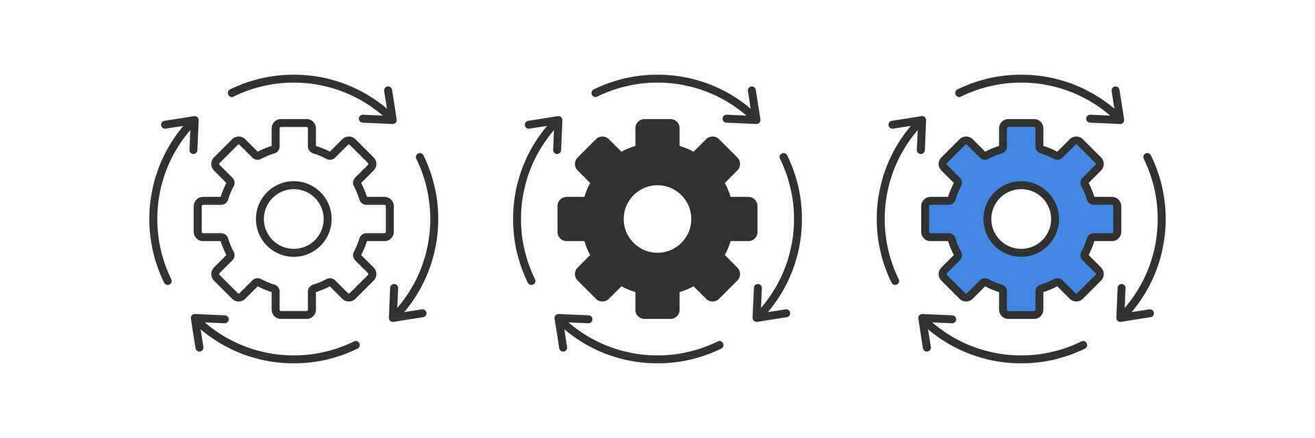 Gear reload icon. System update symbol. Cog refresh signs. Setting recovery symbols. Software repair icons. Black, blue color. Vector sign.