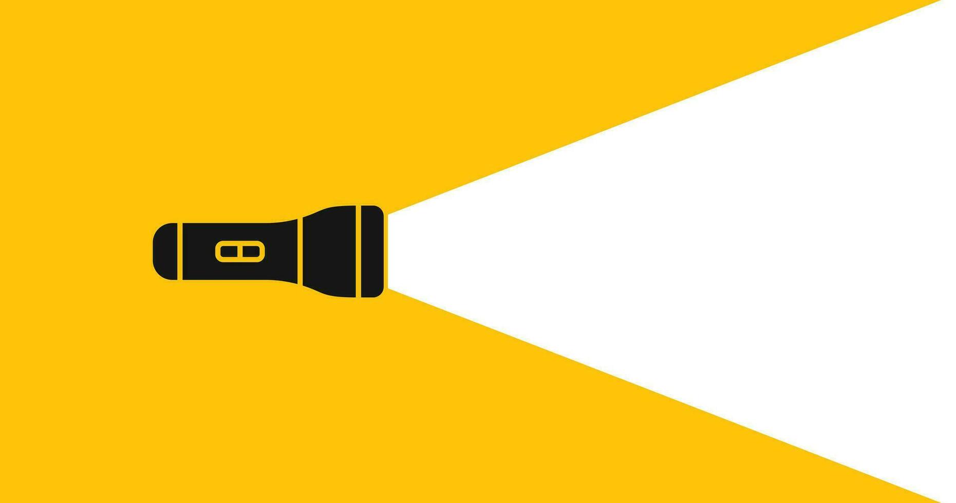 Beam from flashlight illustration. Torch signs. Lamp light symbol. Electric portable device symbols. Spotlight for police icons. Search in the dark. Black, yellow color. Vector sign.
