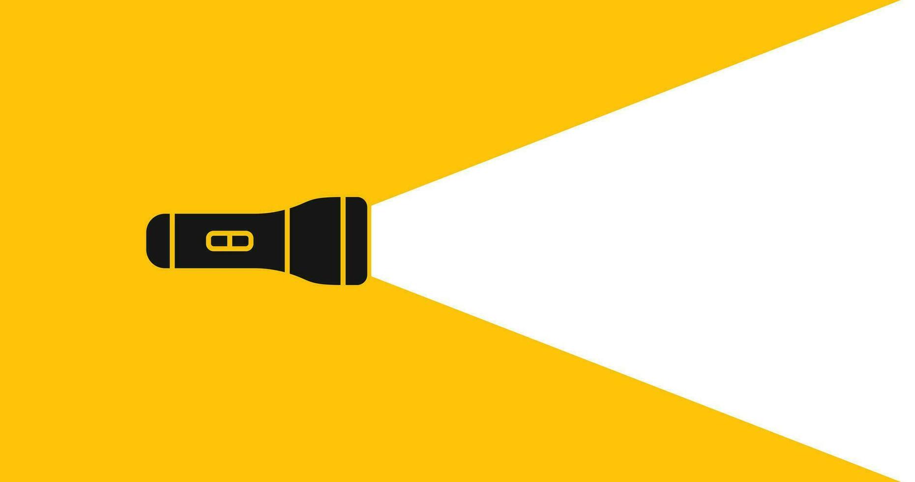 Beam from flashlight illustration. Torch signs. Lamp light symbol. Electric portable device symbols. Spotlight for police icons. Search in the dark. Black, yellow color. Vector sign.