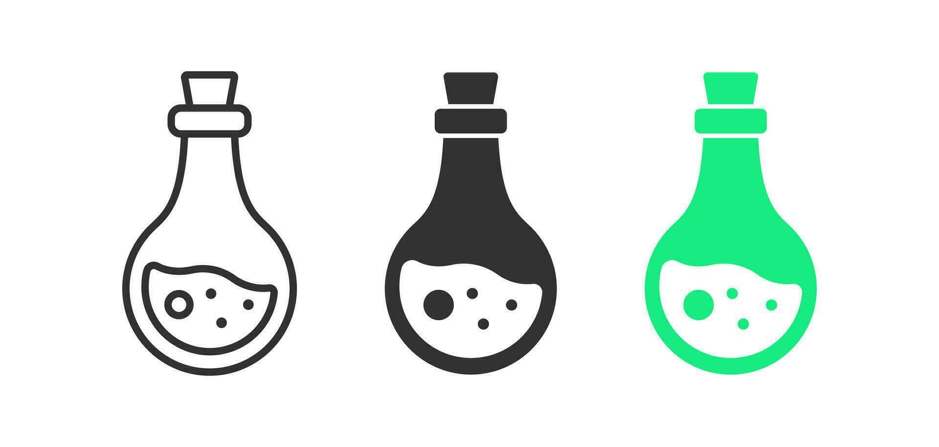 Test tube icon. Lab signs. Chemistry science symbol. Medical flask symbols. Scientific beaker icons. Black, green color. Vector isolated sign.